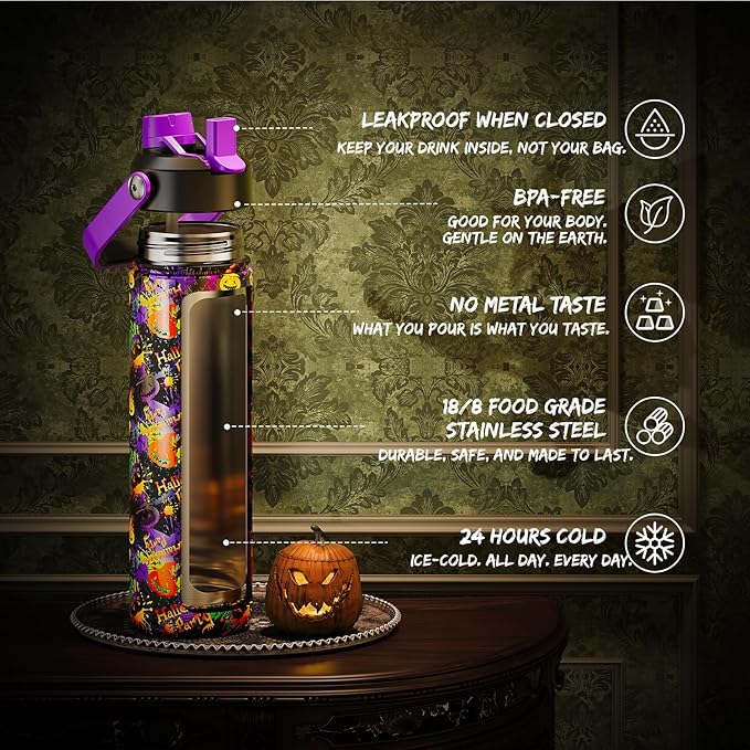Halloween Insulated Water Bottle with Straw, Stainless Steel Water Bottle, Leak Proof BPA-Free, Keeps Cold for 24 Hours for Sports, Skull Spooky Holiday Gifts (26 oz, Ghost Party)