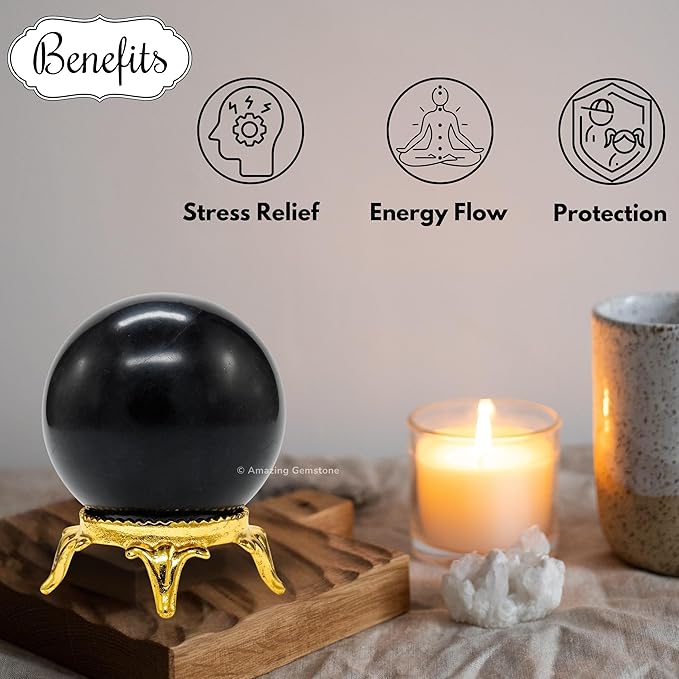 Amazing Gemstone Shungite Crystal Ball with Stand - 2 Inches Crystal Sphere Meditation Balls for Witchcraft and Decorative Balls