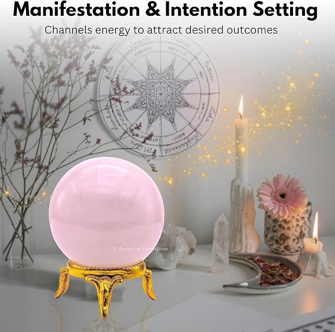 Amazing Gemstone Pink Calcite Crystal Ball with Stand - 2 Inches Crystal Sphere Meditation Balls for Witchcraft and Decorative Balls