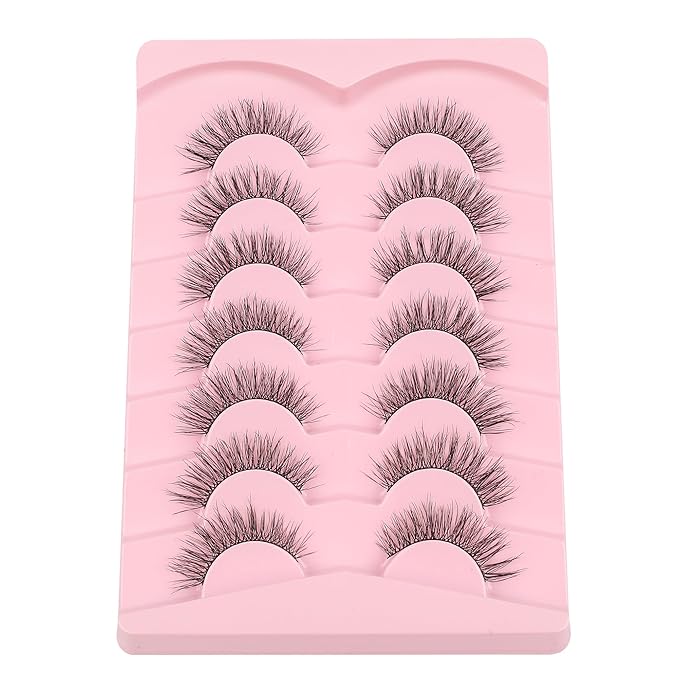 Natural Lashes False Eyelashes 15mm Wispy Eyelashes with Thin Band 3D Volume False Lashes Soft Strip Lashes Pack C Curl Natural Eyelashes Fake Lashes 7 Pair EVENTILL