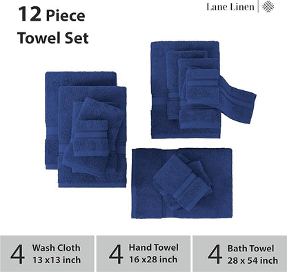 LANE LINEN Luxury Bath Towels Set - 12 Piece Set, 100% CottonBathroom Towels, Zero Twist, Extra Absorbent Super Soft, 4 Bath Towel, 4 Hand Towel, 4 Wash Cloths - Navy