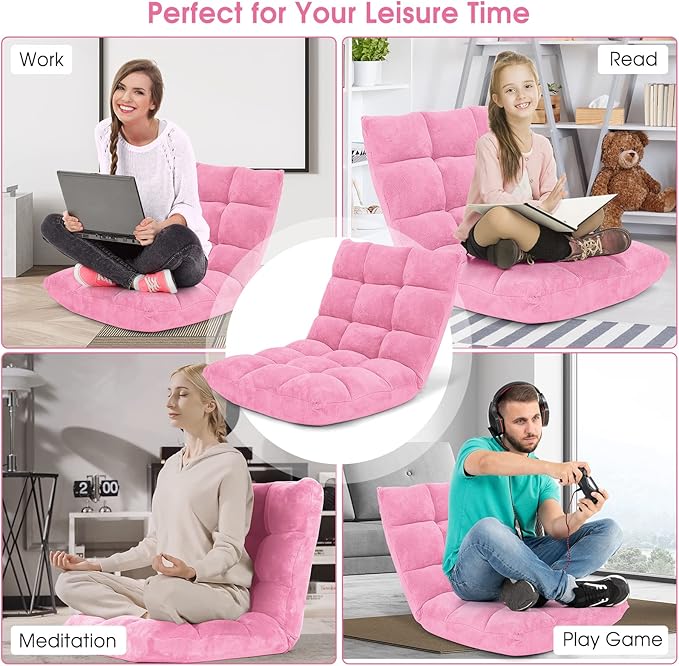 Moccha 14-Position Floor Chair, Folding Sofa Chair with Back Support, Memory Foam Floor Gaming Chairs for Adults, Adjustable Padded Couch Recliner Sleeper Bed for Reading, Meditating, Pink