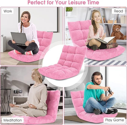 Moccha 14-Position Floor Chair, Folding Sofa Chair with Back Support, Memory Foam Floor Gaming Chairs for Adults, Adjustable Padded Couch Recliner Sleeper Bed for Reading, Meditating, Pink