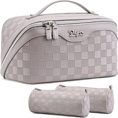 BOYATU Travel Makeup Bag Organizer Cosmetic Bag: 3 Pcs Set Make up Bags for Women with Handle - Waterproof Vegan Leather Toiletry Bags Travel Essentials Pouch with Compartments (C-13-Gray)