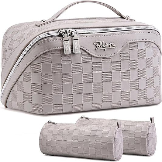 BOYATU Travel Makeup Bag Organizer Cosmetic Bag: 3 Pcs Set Make up Bags for Women with Handle - Waterproof Vegan Leather Toiletry Bags Travel Essentials Pouch with Compartments (C-13-Gray)