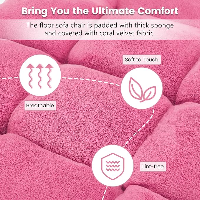 Moccha 14-Position Floor Chair, Folding Sofa Chair with Back Support, Memory Foam Floor Gaming Chairs for Adults, Adjustable Padded Couch Recliner Sleeper Bed for Reading, Meditating, Pink