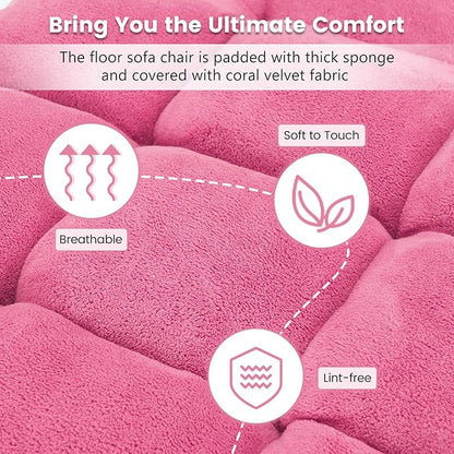Moccha 14-Position Floor Chair, Folding Sofa Chair with Back Support, Memory Foam Floor Gaming Chairs for Adults, Adjustable Padded Couch Recliner Sleeper Bed for Reading, Meditating, Pink