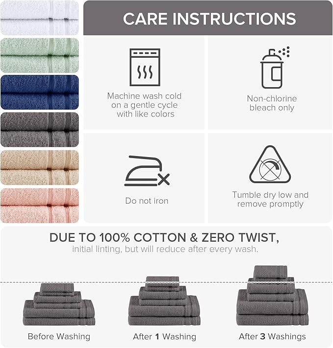 Comfort Spaces Bathroom Towel Set of 6 Piece Luxury Bath Towel Set 2 Hand Towel for Bathroom 2 Washcloth 2 Large Bath Towel Sets 100% Cotton Quick Dry Towel Zero Twist Soft Lightweight Dark Grey