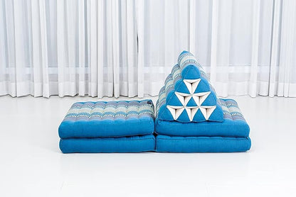 Leewadee Comfortable Japanese Floor Mattress - Thai Floor Bed with Triangle Cushion - Futon Mattress - XL Extra Long Thai Massage Mat, 89 x 20 inches, Light Blue, Kapok Filling
