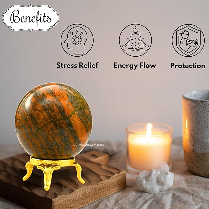 Amazing Gemstone Unakite Crystal Ball with Stand - 2 Inches Crystal Sphere Meditation Balls for Witchcraft and Decorative Balls