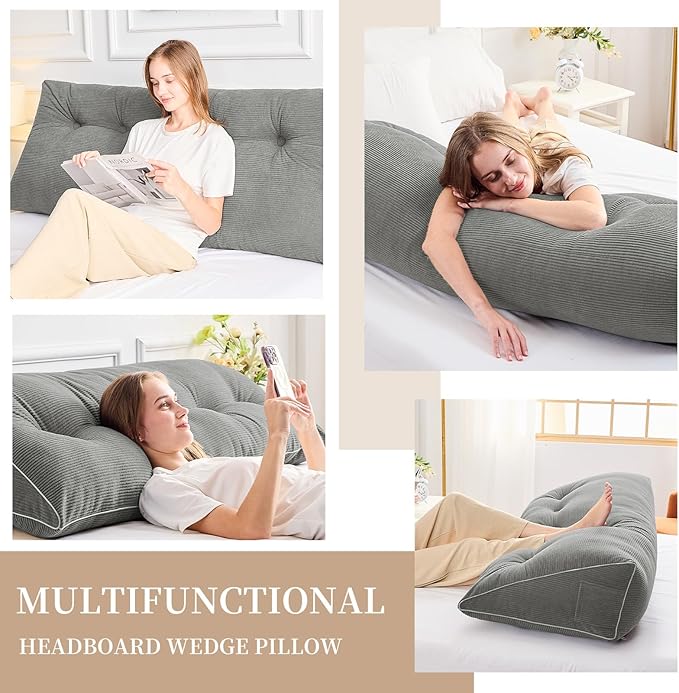 Sasttie Headboard Pillow King, Wedge Pillow Headboard for Sitting Up in Bed, Back-Rest Support Triangular Cushion for Reading - Features Removable Washable Cover, Light Grey