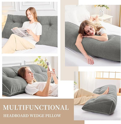 Sasttie Headboard Pillow Full, Wedge Pillow Headboard for Sitting Up in Bed, Back-Rest Support Triangular Cushion for Reading - Features Removable Washable Cover, Light Grey