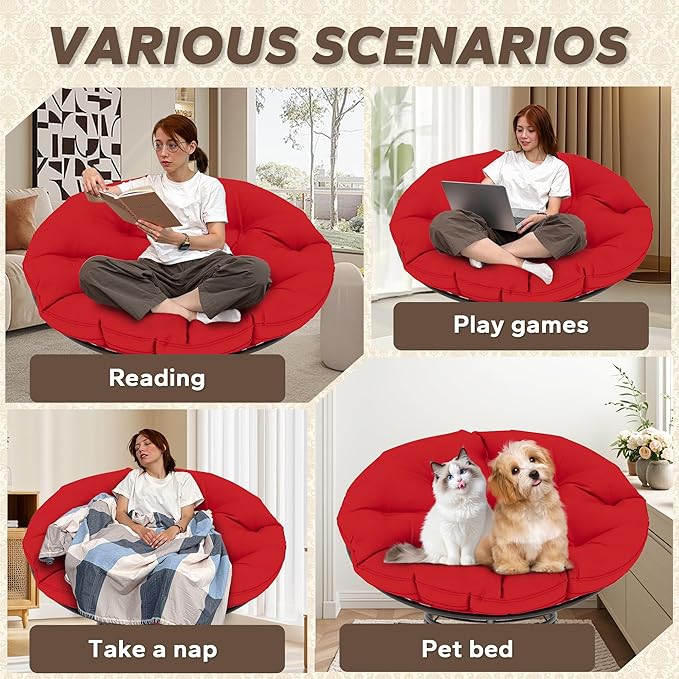 46'' Large Size Papasan Chair with Cushion and Frame, Lazy Chair for Reading, Living Room, Bedroom, Red