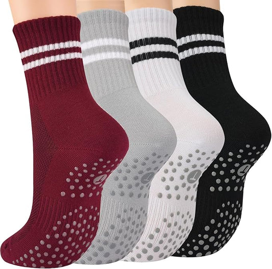 Toes Home Pilates Socks for Women with Non Slip Grippers, Yoga Crew Socks for Barre Hospital Sticky Slipper Socks 4 Pairs