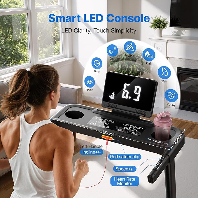 MERACH Treadmills for Home with Incline 6%-15%, 300 LBS Capacity Double Deck Foldable Treadmill with Incline, 0.5-7.5MPH Quiet 2.5HP Brushless Incline Treadmill LED Display with Smart APP