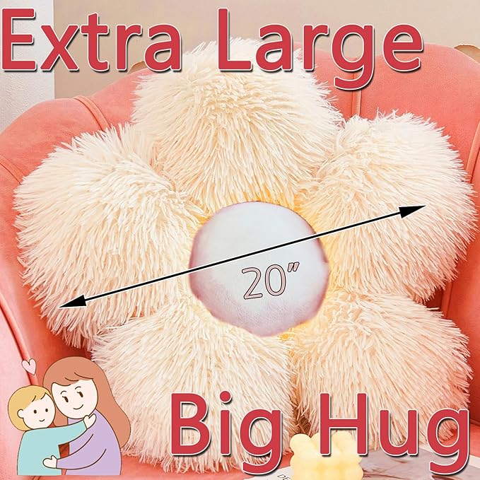 MorroMorn Flower Pillow Shaped Throw Pillows, 20" Floor Pillow Butt Cushion - Fluffy Shaggy Daisy Floral Decorative Pillows for Bed Couch Sofa Chair Cute Plush Faux Fur Room Decor (Khaki)