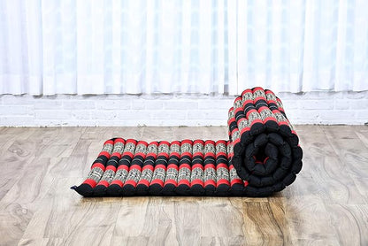 Leewadee - Kapok Roll Mat – Handcrafted Folding Sleep & Relaxation Mattress from Thailand, Ideal as Guest Bed, Camping Mat, Yoga Mat or Traditional Futon, 75 x 39 inches, Black Red