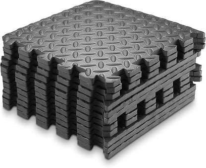 Philosophy Gym Pack of 12 Exercise Flooring Mats - 12 x 12 Inch Foam Rubber Interlocking Puzzle Floor Tiles - Black
