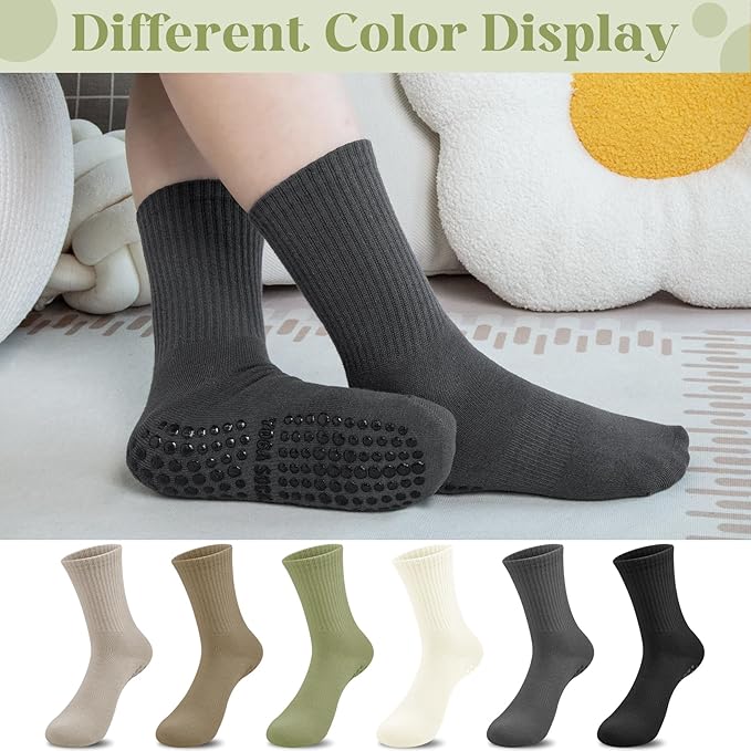 Justay 6 Pairs Pilates Socks with Grips for Women Soft Non Slip Crew Cotton Athletic Workout Barre Hospital Yoga Socks
