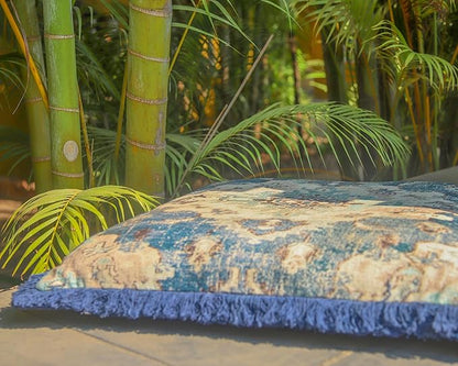 Mandala Life ART Square Meditation Pillow Cover with Fringes - 26 inches - Printed Blue Cotton Boho Chic Cushion Case