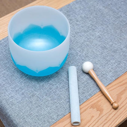 Leize Blue Lotus Design Quartz Crystal Singing Bowl G Note Throat Chakra Blue 10" with Heavy Duty Carrying Case Suede Striker