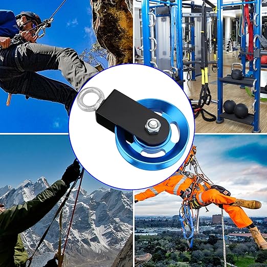 2 Pack 3.5 Inch Cable Pulley Wheel, Aluminum Cable Pulleys with Hanging Strap and Snap Hook, 360° Rotation Snatch Block Pulley Wheel for Home Gym Equipment, DIY, Blue