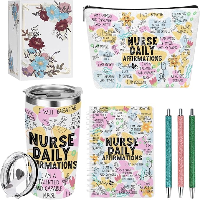 jeilink Daily Affirmations Nurse Accessories for Work, Nurse Appreciation Gifts, Nursing Student Essentials Inspirational RN Gifts for Women Birthday Christmas, 20oz Tumbler & Makeup Bag Pen Notebook