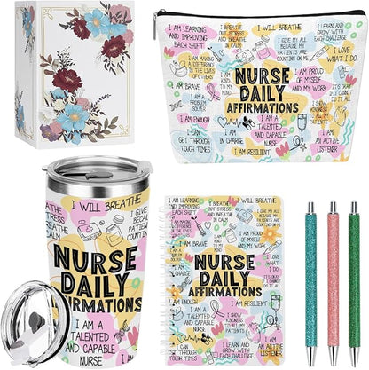 jeilink Daily Affirmations Nurse Accessories for Work, Nurse Appreciation Gifts, Nursing Student Essentials Inspirational RN Gifts for Women Birthday Christmas, 20oz Tumbler & Makeup Bag Pen Notebook