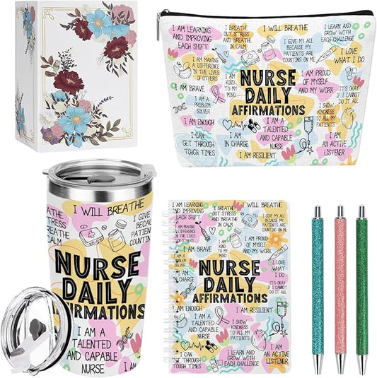 jeilink Daily Affirmations Nurse Accessories for Work, Nurse Appreciation Gifts, Nursing Student Essentials Inspirational RN Gifts for Women Birthday Christmas, 20oz Tumbler & Makeup Bag Pen Notebook