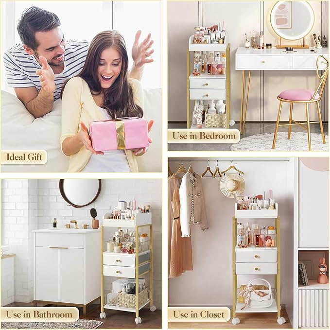 Makeup Organizer, Floor Skincare Organizers Make Up Organizers and Storage with Drawers, Vanity Organizer Cosmetics Display Cases Holder for Skin Care Nail Polish Perfume Gold