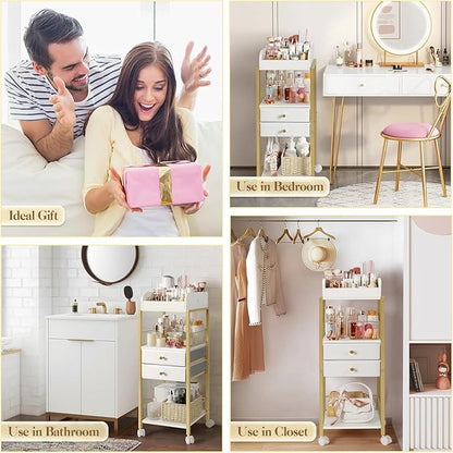 Makeup Organizer, Floor Skincare Organizers Make Up Organizers and Storage with Drawers, Vanity Organizer Cosmetics Display Cases Holder for Skin Care Nail Polish Perfume Gold