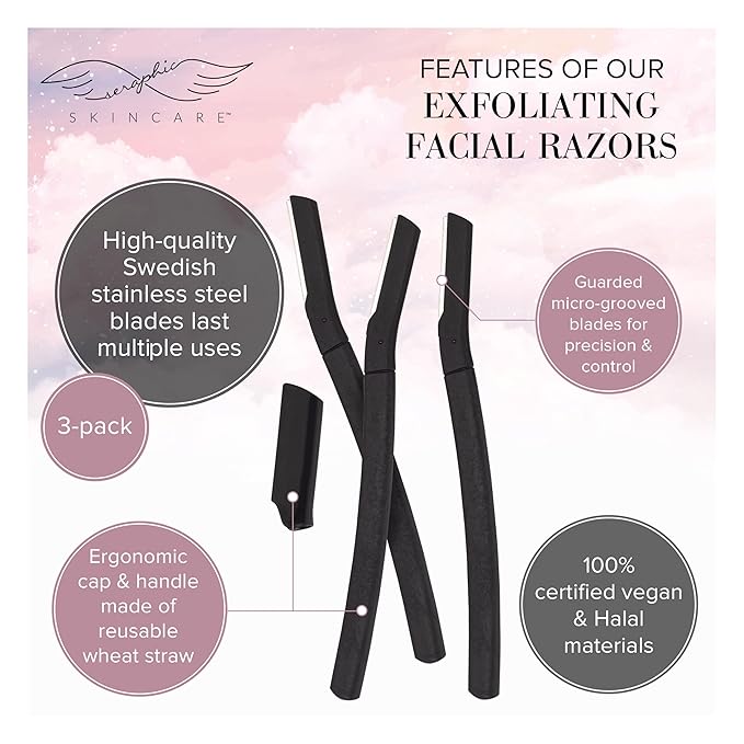 Seraphic Skincare Exfoliating Facial Razors Blades (3pc) – For Eyebrows, Peach Fuzz & Exfoliation – Dermaplane Face Razor for Women Face – Wheat Straw Handle & Swedish Stainless Steel Blades