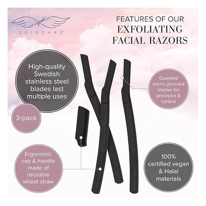 Seraphic Skincare Exfoliating Facial Razors Blades (3pc) – For Eyebrows, Peach Fuzz & Exfoliation – Dermaplane Face Razor for Women Face – Wheat Straw Handle & Swedish Stainless Steel Blades