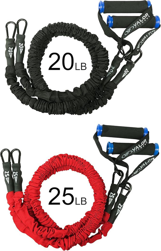Valor Fitness Resistance Bands – Includes 2 Bands – 20 lb., 25 lb. – Carabiners Attached – 2 Handles per Band – Sheath Covered - Mobility Exercise Strength Training