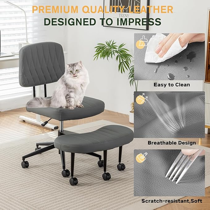 Ergonomic Cross Legged Office Chair with Brake Wheels, Wide Seat and Backrest for Meditation, ADHD Cross Legged Office Chair with Adjustable Height, 360°Rotating Footrest for Yoga Home Office
