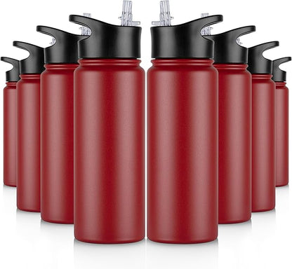 24 oz Insulated Water Bottle Bulk 8 Pack, Stainless Steel Sports Water Bottles with Straw Lid & Wide Mouth Lids, Double Walled Vacuum, Leak Proof, Red