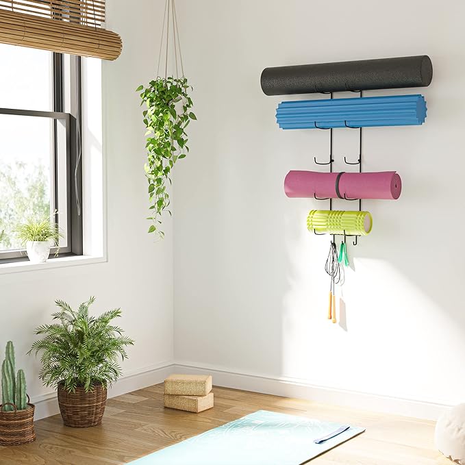 Wallniture Guru Yoga Mat Holder Wall Mount with 3 Hooks for Hanging Yoga Strap, Resistance Bands, 5-Sectional Metal