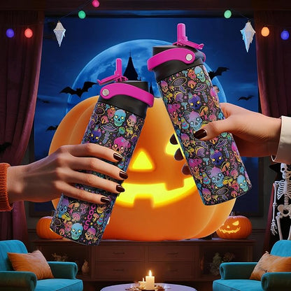 Halloween Gothic Water Bottle with Straw, Stainless Steel Insulated Water Bottle,Leak Proof, One-Touch Flip Lid, BPA Free, Holiday Gifts For Women Men, 24oz, Trippy Skulls