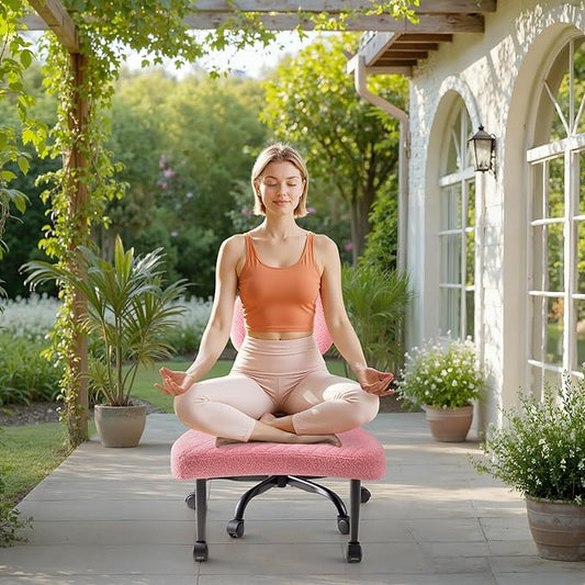 Furmax Ergonomic Criss Cross Legged Office Chair with Wheels, 360°Swivel Adjustable Height Kneeling Desk Chair with Footrest for ADHD, Yoga, Meditation, Home Office (Teddy Fabric, Pink)
