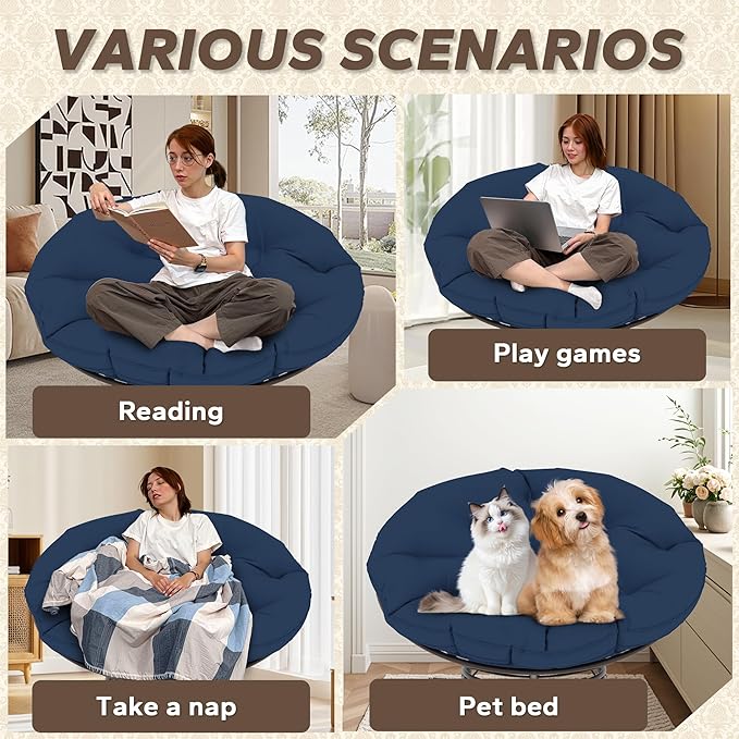 46'' Large Size Papasan Chair with Cushion and Frame, Living Room Chair for Reading, Navy Blue