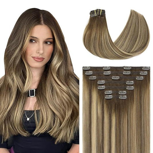 Youngsmile Clip in Hair Extensions Human Hair 22Inch 7 Pcs 160 Gram Clip in Extensions,Natural Human Hair, Balayage Chocolate Brown with Caramel Brown,Thick End (7C#4/27/4-22Inch)