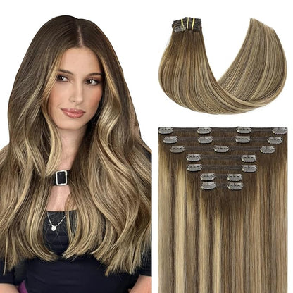 Youngsmile Real Human Hair Clip in Extensions, Clip in Extensions Human Hair 20 Inch Balayage Chocolate Brown with Caramel Brown 7 Pcs 160 Gram, Easy to Install Natural Human Hair (7C#4/27/4-20Inch)
