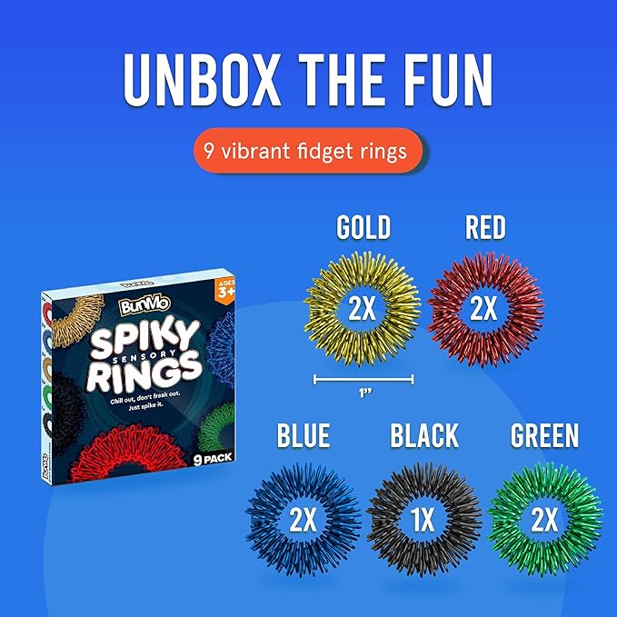 BunMo Spiky Sensory Rings 9pk – Fidget Rings for Adults – Sensory Stimulation & Finger Comfort – Acupressure Rings – Durable & Portable Pain Stim Fidget