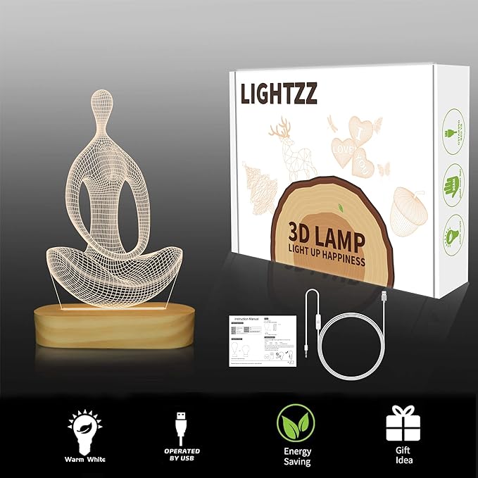 Lightzz Yoga Lamp, 3D Yoga Night Light Gifts for Women Yoga Lovers, Birthday Anniversary Ideal Gifts with USB Power Warm Color Wood Yoga Room Decor