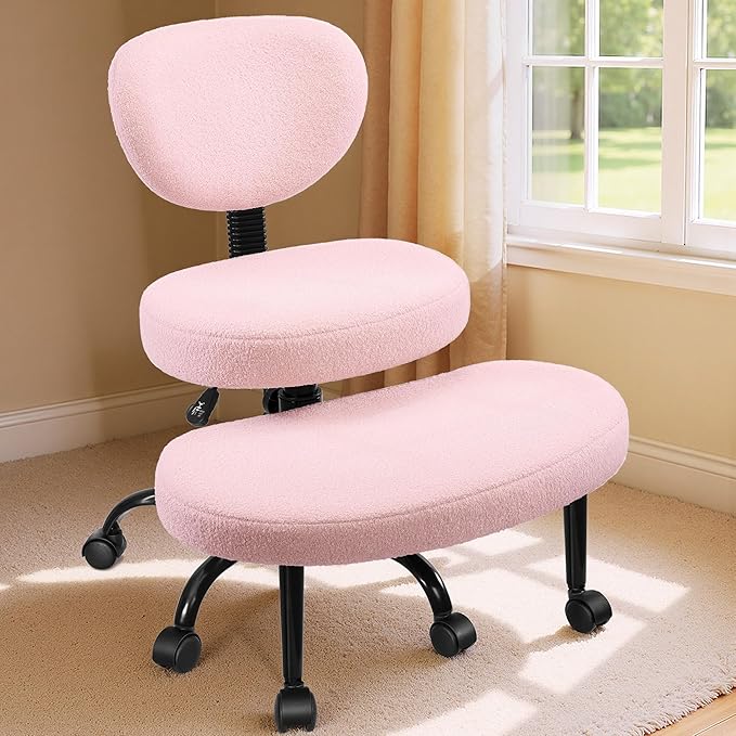 Ergonomic Cross Legged Office Chair with Wheels - Adjustable Height for Meditation, ADHD Desk & Yoga - Wide Criss Cross Design with Lumbar Support, Kneeling Chair - Pink