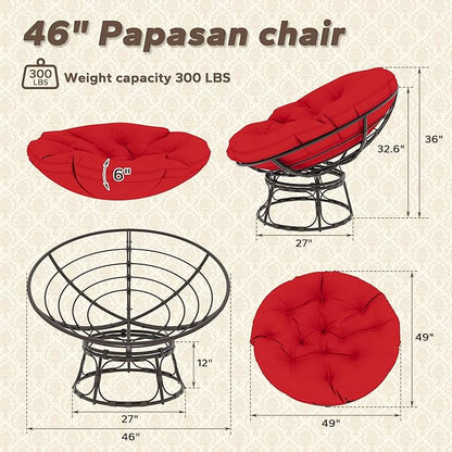 46'' Large Size Papasan Chair with Cushion and Frame, Lazy Chair for Reading, Living Room, Bedroom, Red