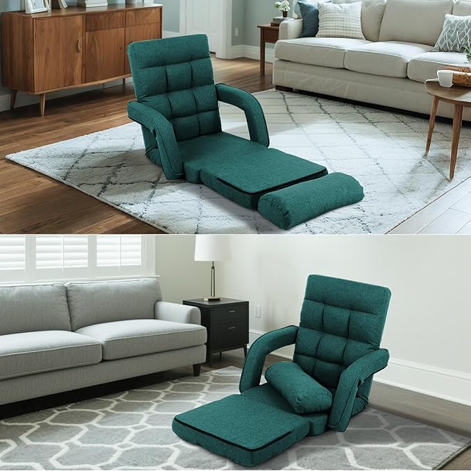 Adjustable Floor Chair for Adults with Back Suppor,5-Position Folding Lazy Sofa with Pillow, Gaming & Meditation Chair with Breathable Fabric - for Living Room, Bedroom, Office,Balcony (Green)