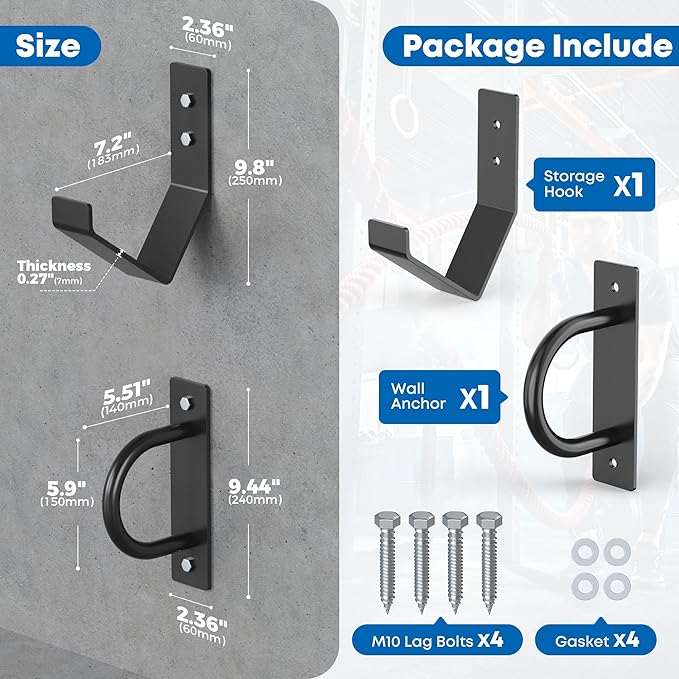 Battle Rope Wall Mount Kit - Set with 1 Battle Rope Wall Anchor and 1 Storage Hook for 30-50 Feet,1"-2.5" Battle Ropes - Heavy Duty Steel Battle Rope Anchor Wall Mount Kit-Battle Rope Rack Attachment