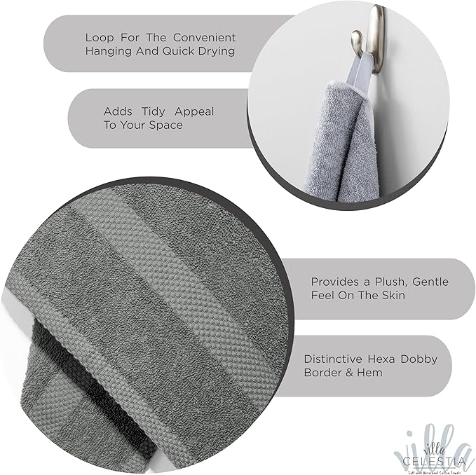 100% Cotton Bath Towel Set of 18-4 Bath Towels, 6 Hand Towels, 8 Wash Cloths, Sustainable, Soft, Highly Absorbent, Combed Cotton 18 Piece Set for Hotels, Spa, Bathroom, Dorm, Grey