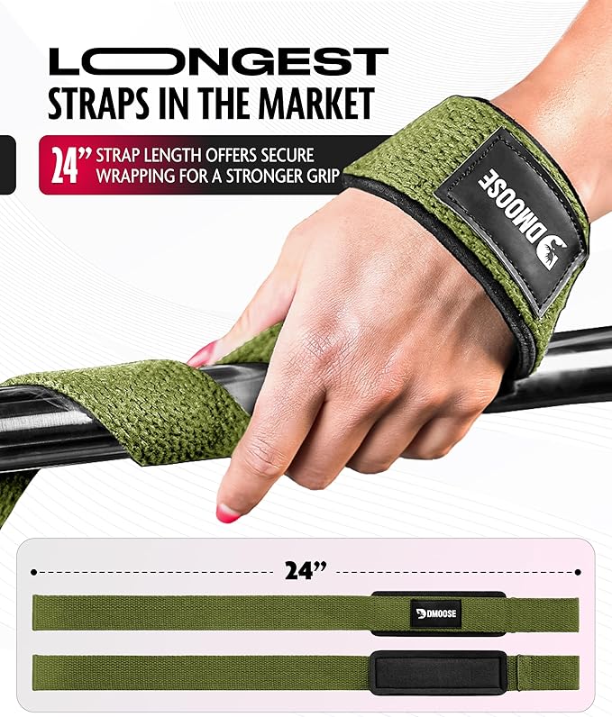 DMoose Fitness Lifting Straps 24" (Pair) - 5mm Padded Durable Wrist Straps for Weightlifting & Powerlifting - Cotton Lifting Strap with Silicone Grip for Men & Women - Deadlift Strap for Gym Workout